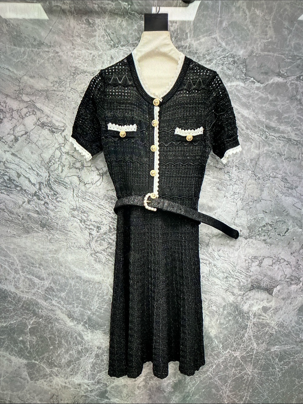 Self-Portrait Black Knit Midi Dress with White Trim